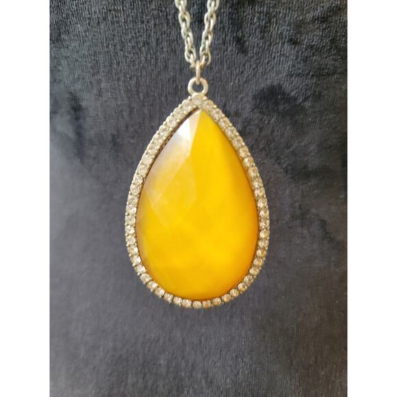 Long Silver Chain Necklace Yellow Teardrop Pendant Crystal Rhinestone Jewelry - Picture 3 of 6
